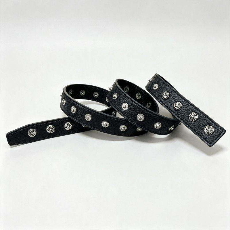 Chrome Hearts Black Pebbled Leather Belt Floral Studded No Buckle Belt