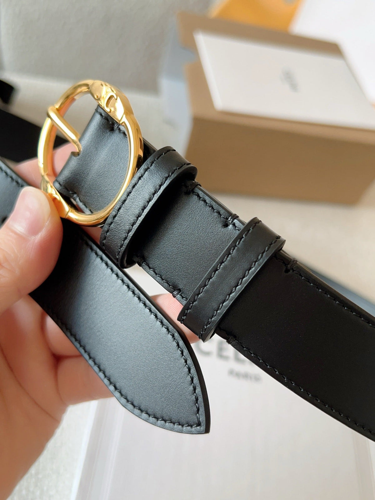 CELINE 25S SMALL 30MM WESTERN BELT IN BLACK CALFSKIN 566636