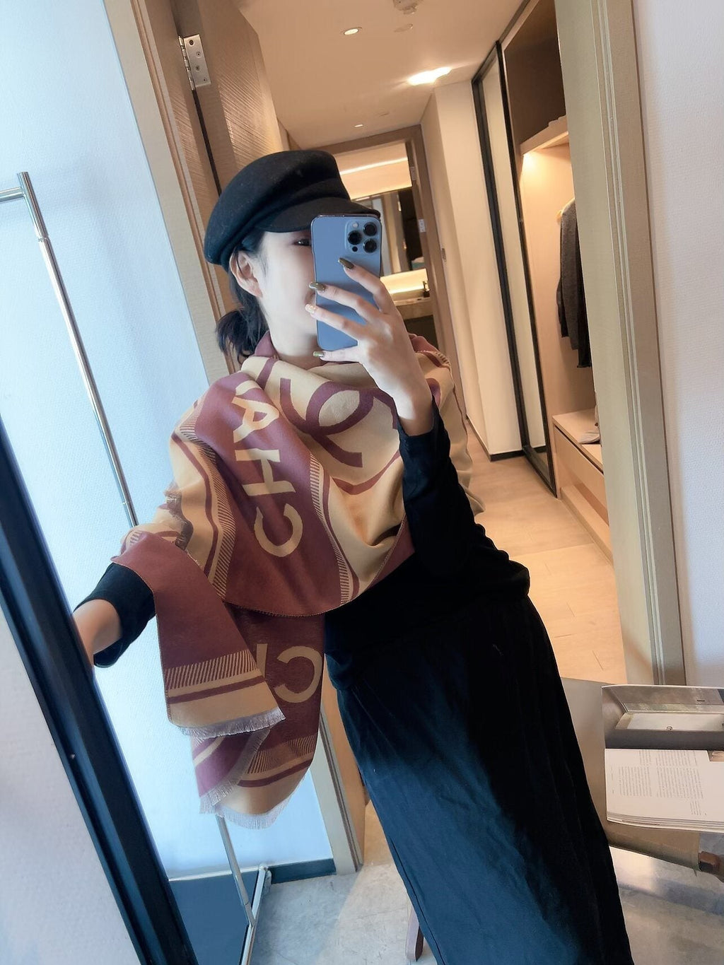Chanel Burgundy Beige Motif Scarf
