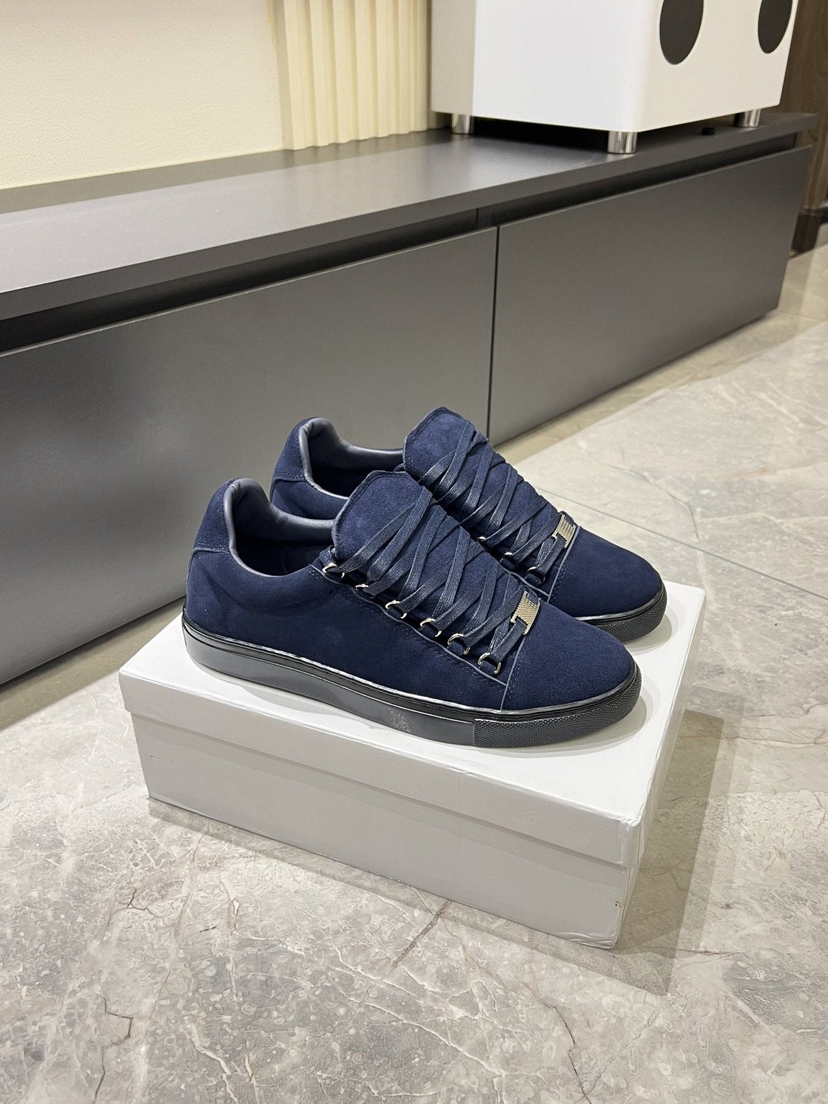 Balenciaga Navy Blue Textured Low-Top Sneakers