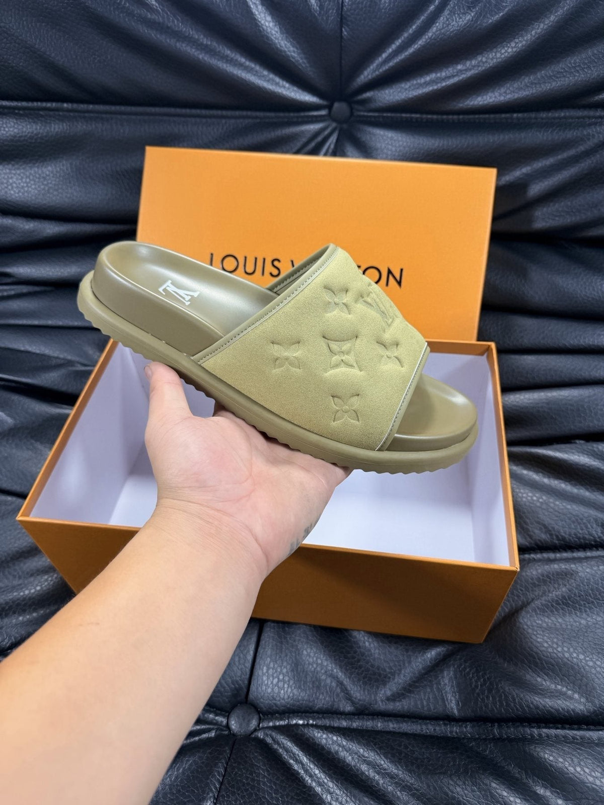 Louis Vuitton Embossed Slide Sandals - Pale Olive Green