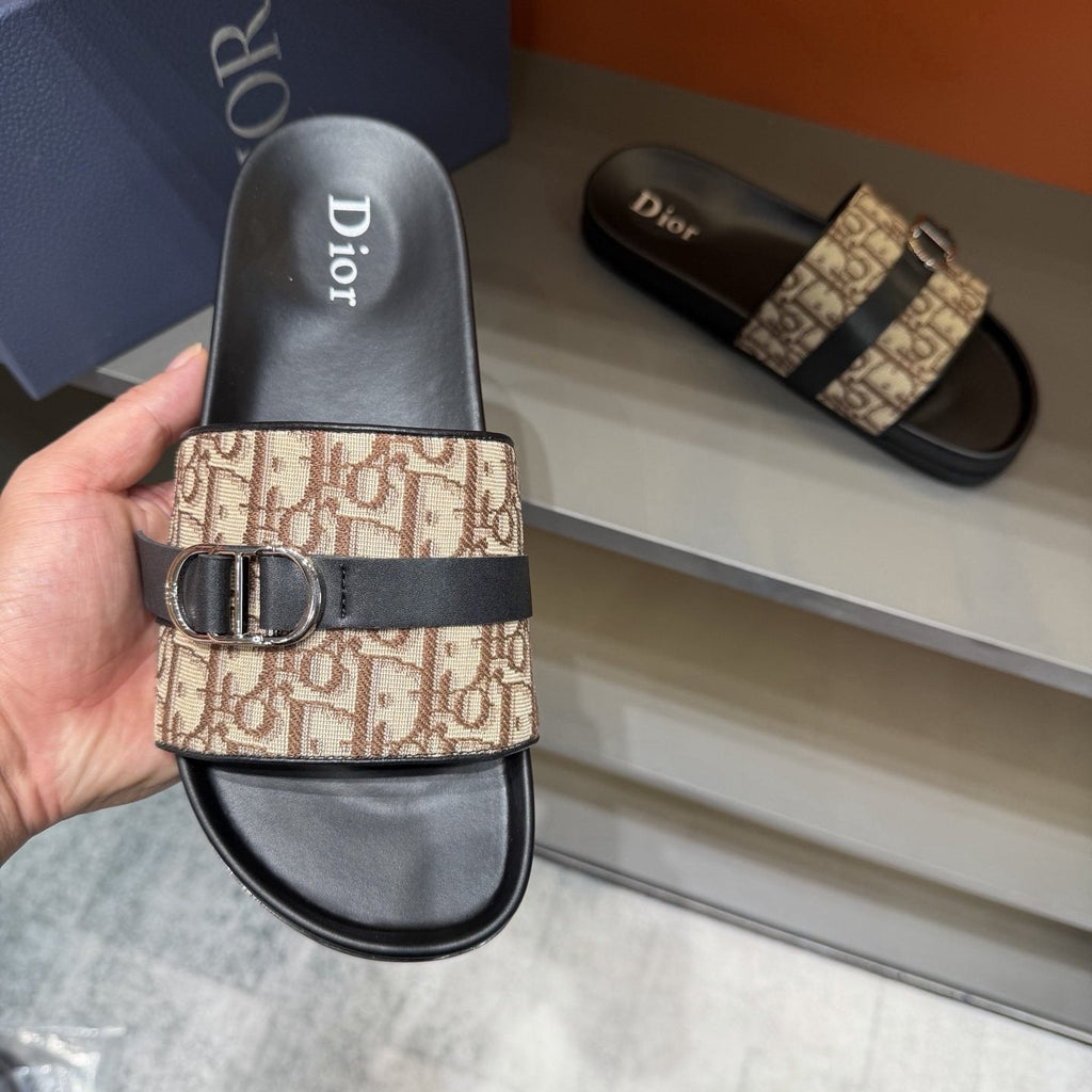 Dior Blue-Gray Pattern Slide Sandals