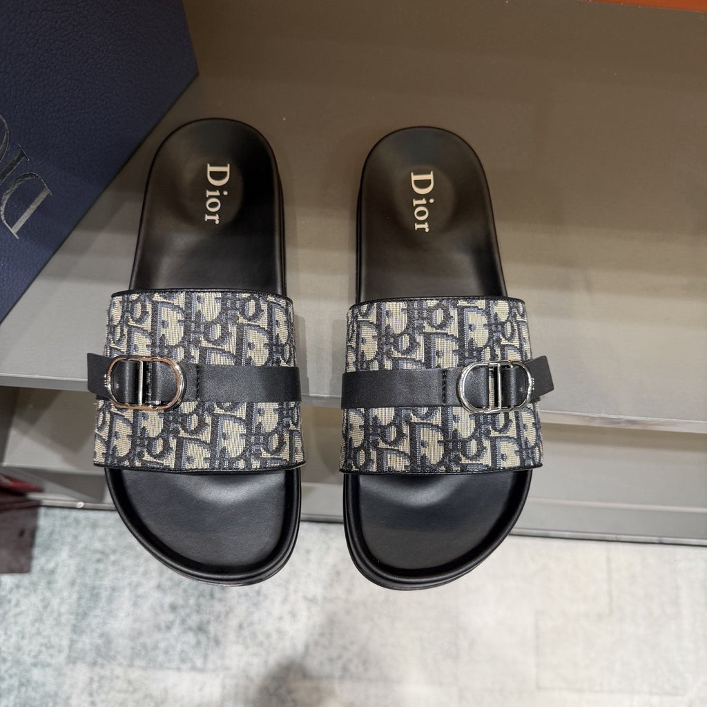 Dior Blue-Gray Pattern Slide Sandals